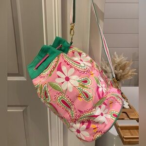 Lilly Pulitzer Pink Floral Paisley Drawstring Shoulder Bag with Green Trim